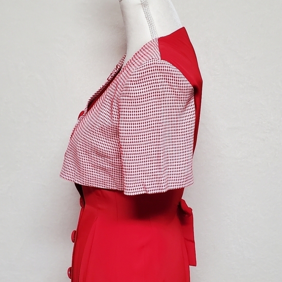 𝅺BRIOCHE 80s Vintage Red Gingham Plaid Cropped Jacket Tie Pleated Wiggle Dress - Picture 10 of 16